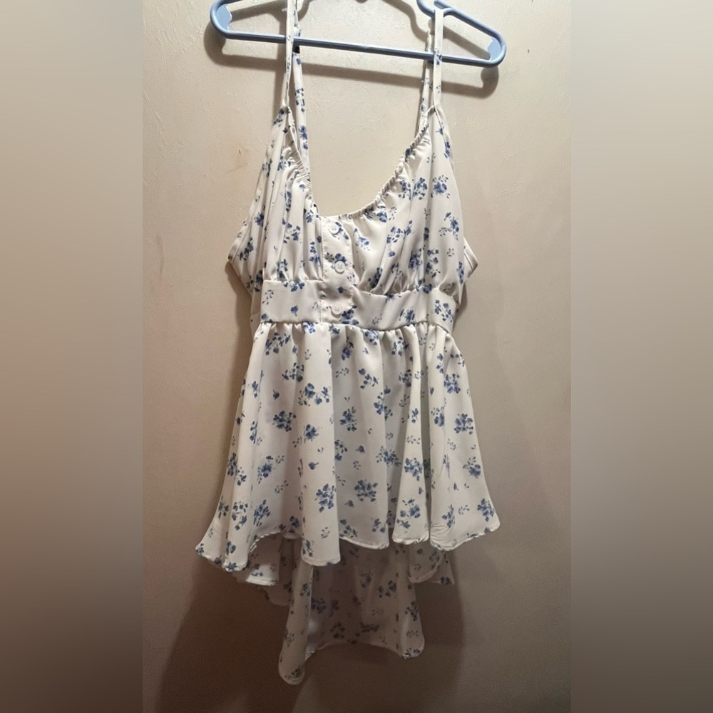 White with blue flowers cropped tank top with open and tie back.